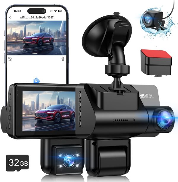 Cámara Vehicular CODN Dash Cam-A7 De 3 Canales Frontal, Trasera, Interior con Pantalla Ips De 3 Pulgadas