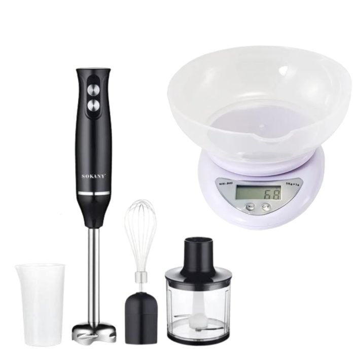 Batidora de Mano Eléctrica Sokany 4 en 1 500W Y Báscula Digital Gramera con Bandeja