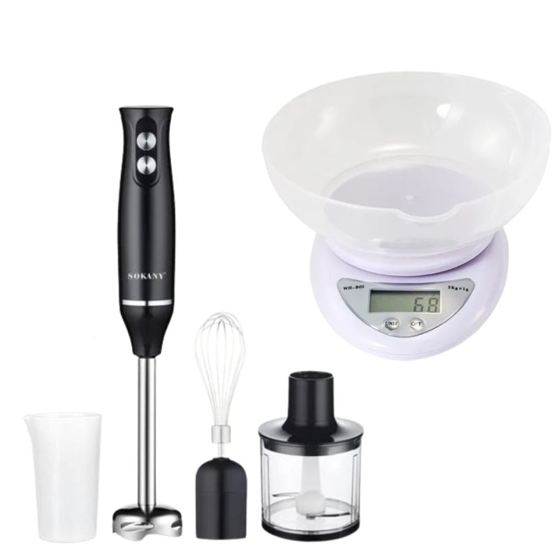 Batidora de Mano Eléctrica Sokany 4 en 1 500W Y Báscula Digital Gramera con Bandeja