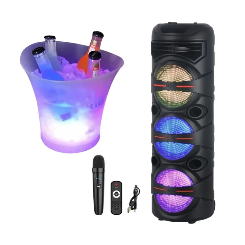 Parlante Kimiso 2000W con control y Micrófono Inalámbrico y Parlante Hielera con Luces LED