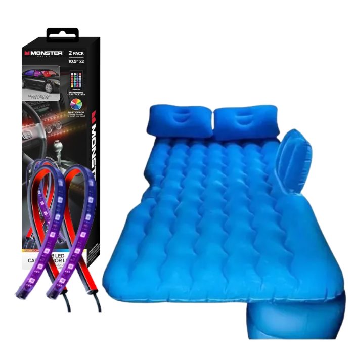 Colchón inflable para auto con inflador y almohadas + Luces LED Monster Basics
