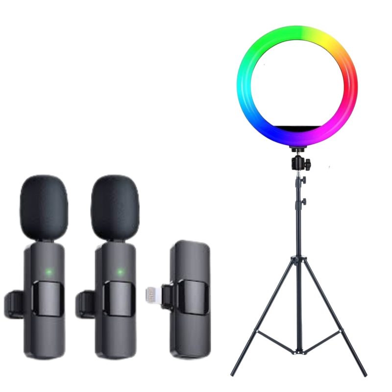 Aro de Luz RGB MJ36 14 pulgadas Y Micrófono Inalámbrico K9 Lavalier para Celular