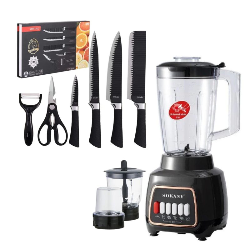 Licuadora Sokany 3 en 1 de 600W Y Set de Cuchillos 6 Piezas Color Negro
